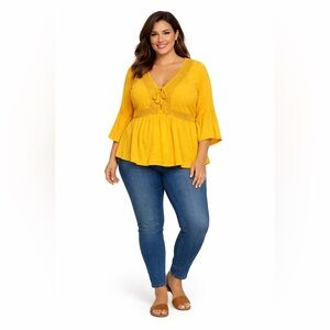 Torrid 1X Yellow Babydoll V-Neck Boho Lace Trim Blouse Festival Spring Top